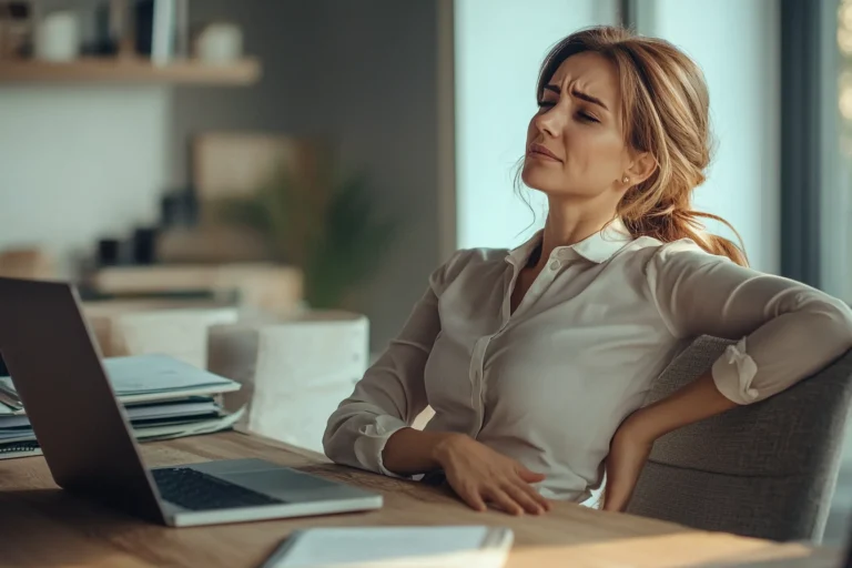 kobieta siedząca przed komputerem podczas pracy trzyma się za brzuch i ma minę wskazującą na odczuwanie bólu