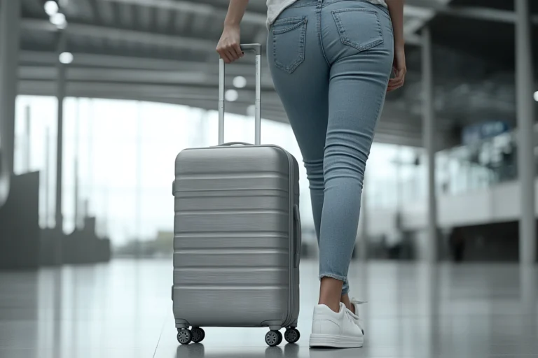 kobieta z walizką idzie po lotnisku