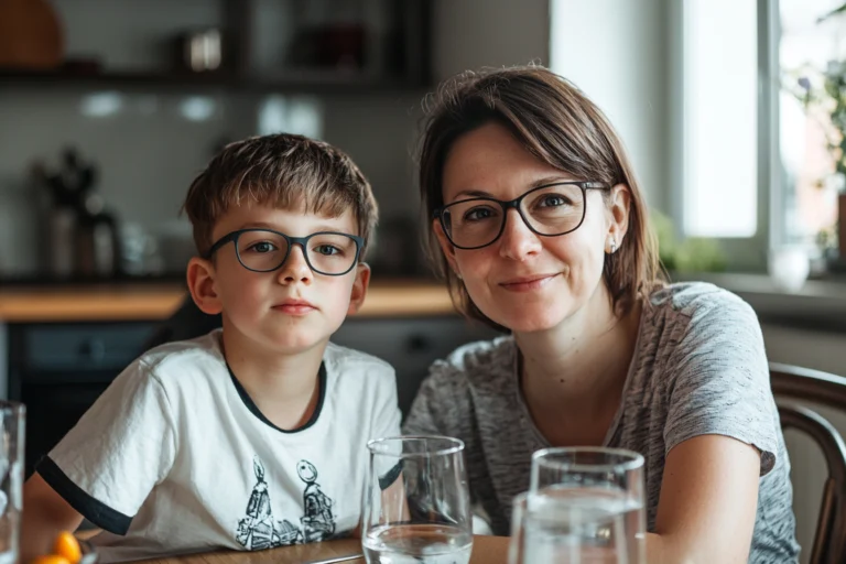 mama i syn siedzą przy stole i patrzą w kierunku aparatu